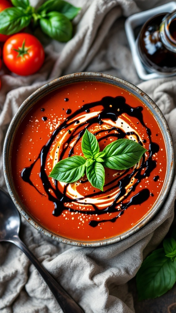 A bowl of balsamic tomato soup garnished with basil leaves and a swirl of balsamic glaze.