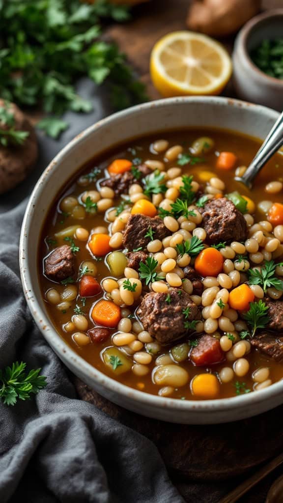 A bowl of beef and barley soup filled with vegetables and herbs.