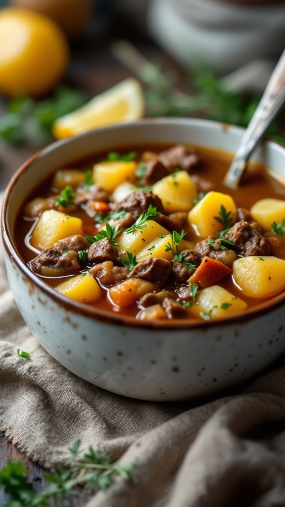 A bowl of beef and potato soup with pieces of beef, diced potatoes, and herbs.