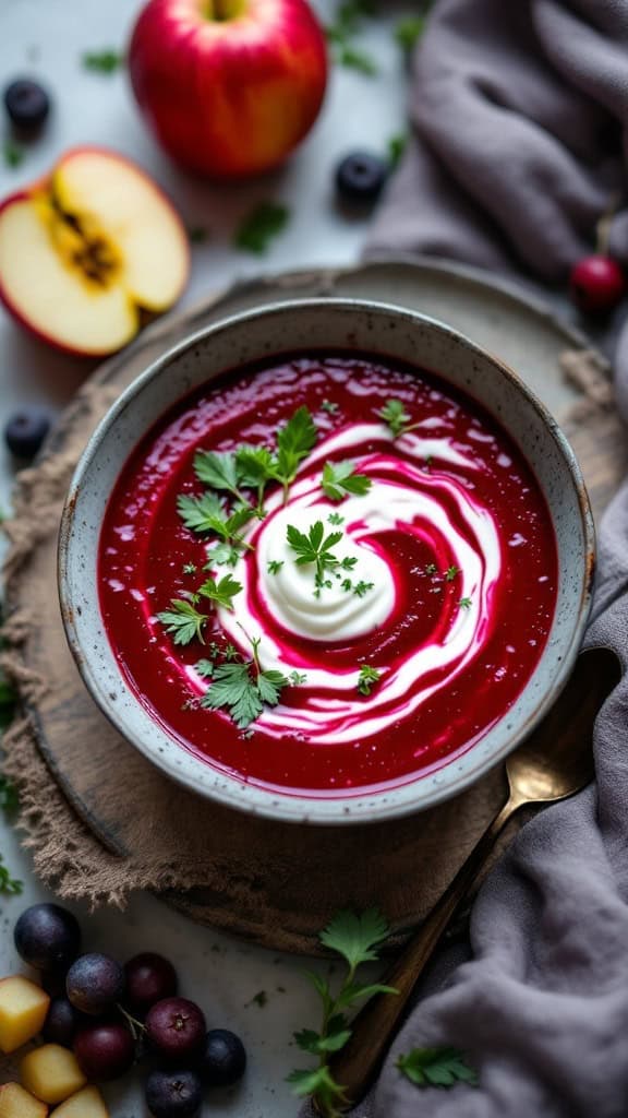 A bowl of beet and apple soup garnished with cream and herbs, with fresh apples on the side.