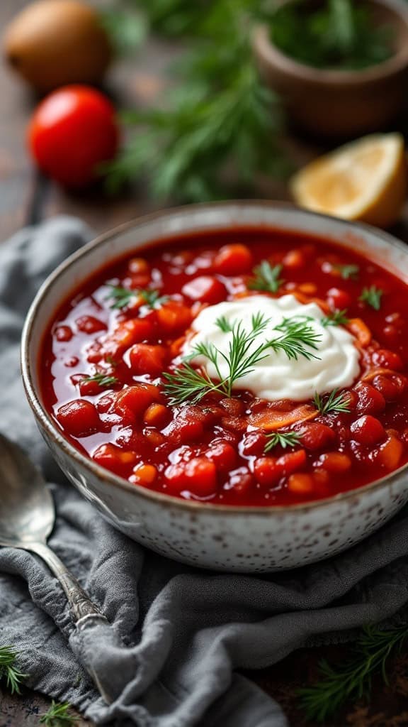 A bowl of borscht, a beet soup, garnished with sour cream and dill.