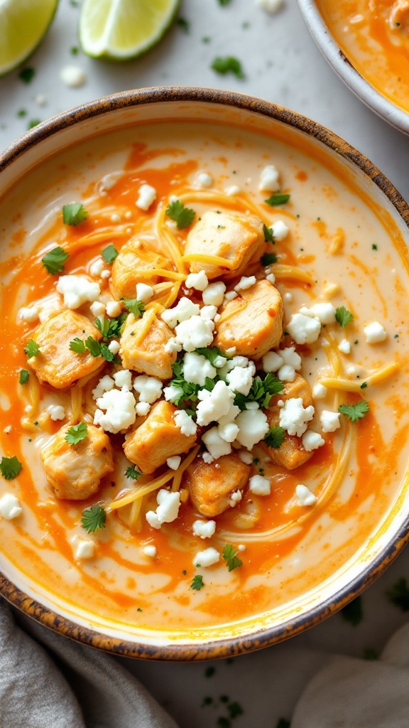 A bowl of buffalo-style white chili topped with chicken pieces, cheese, and cilantro.