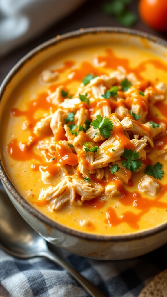 A bowl of creamy Buffalo Chicken Cheese Soup topped with shredded chicken, hot sauce, and fresh herbs.