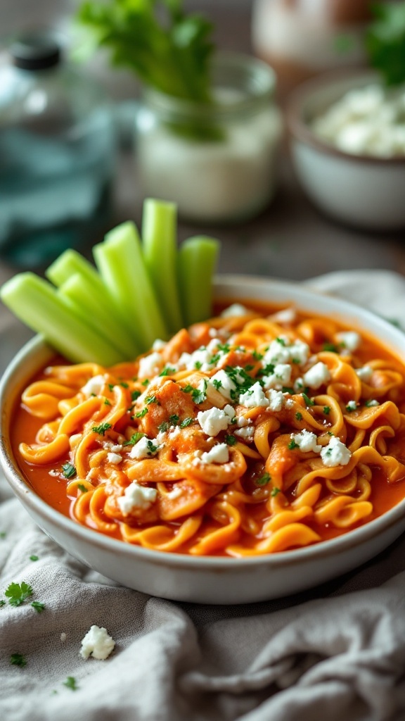 A bowl of Buffalo Chicken Noodle Soup with noodles, chicken, and garnishes.