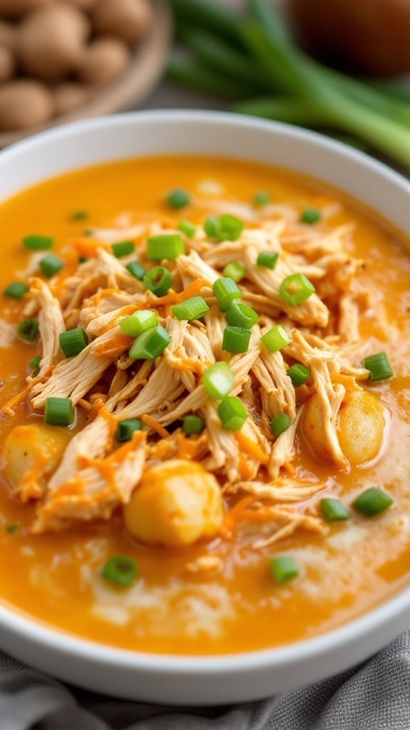 A bowl of Buffalo Chicken Potato Soup topped with green onions