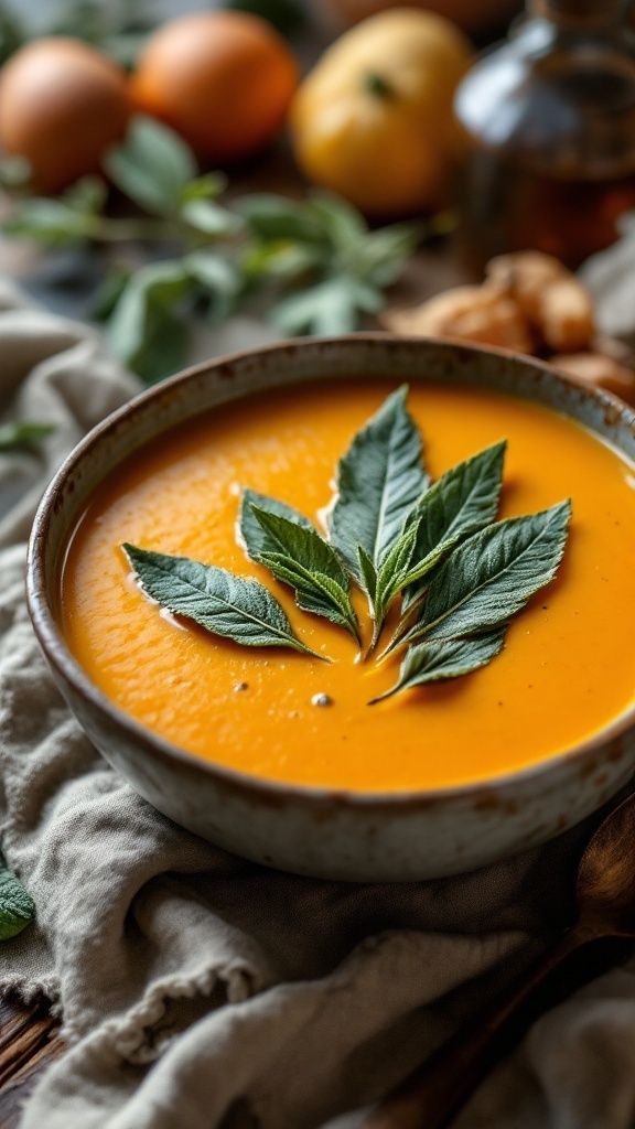 A bowl of butternut squash soup garnished with fresh sage leaves.