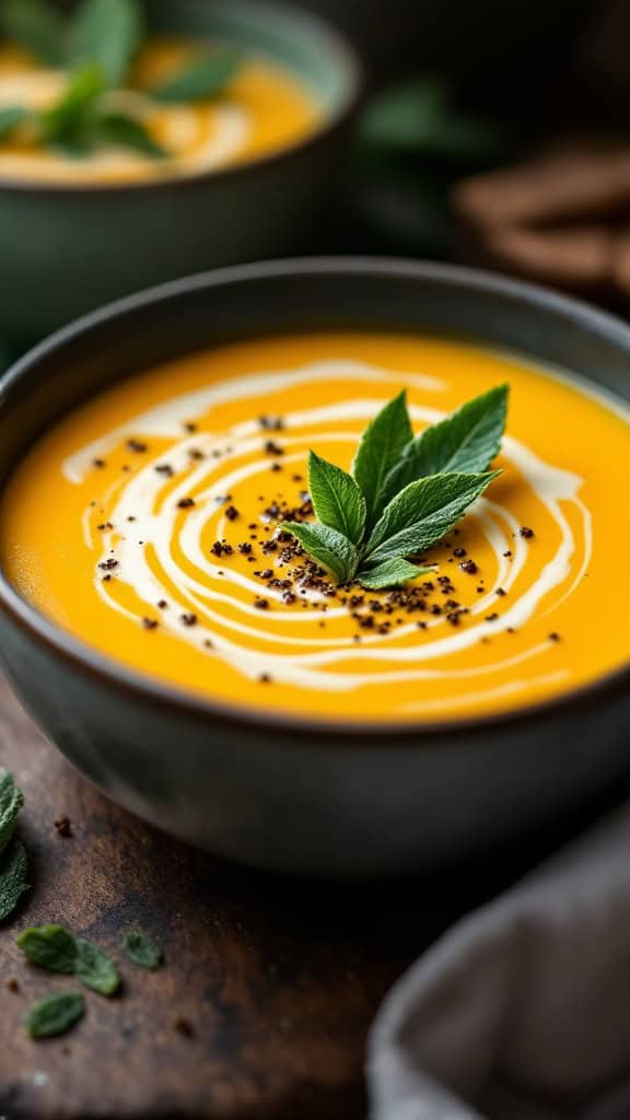 A bowl of butternut squash soup garnished with fresh sage leaves and red pepper flakes.