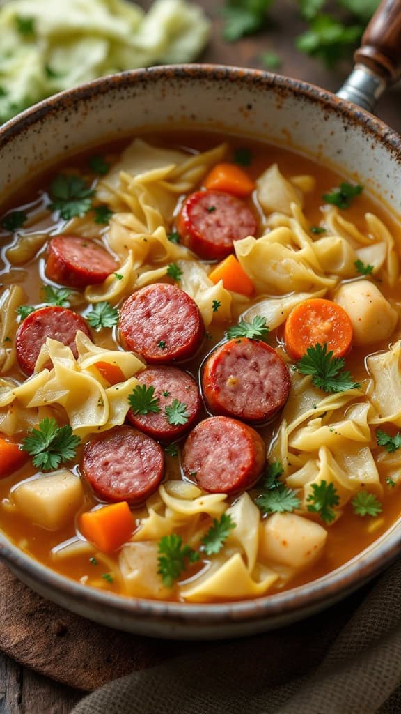 A bowl of cabbage and sausage soup with noodles and vegetables.