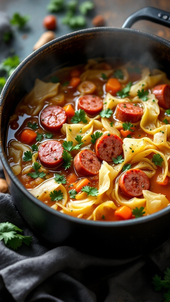 A pot of cabbage and sausage soup with sausage slices, cabbage, and colorful vegetables.