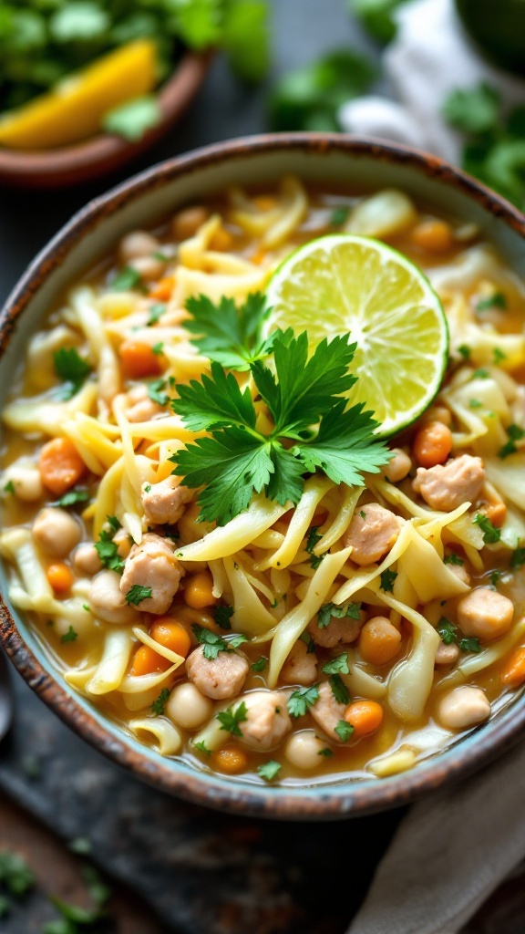 A bowl of cabbage and turkey white chili with lime and cilantro