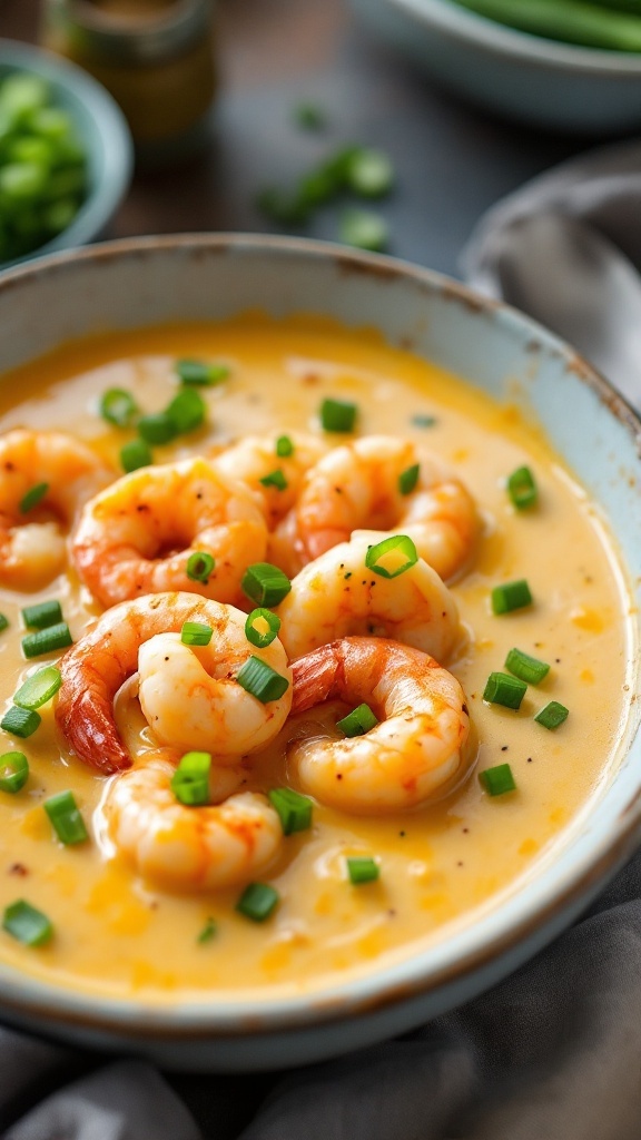 A bowl of Cajun shrimp and cheese soup garnished with green onions.