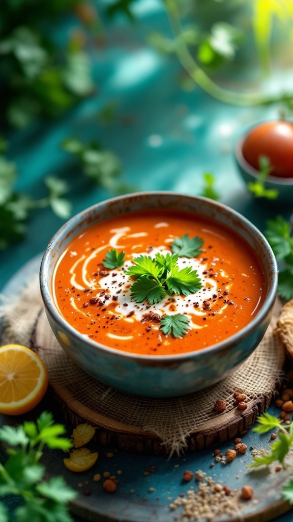 A bowl of Caribbean tomato soup with coconut, garnished with fresh herbs and a swirl of cream.