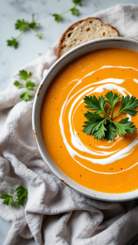 A bowl of vibrant orange carrot ginger cheese soup garnished with a swirl of cream and fresh herbs.