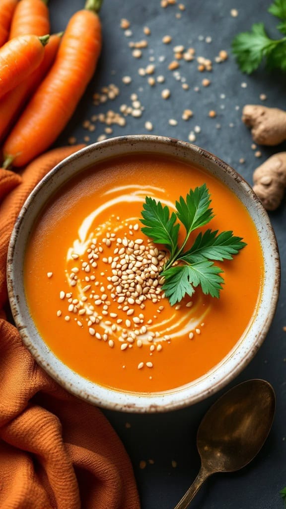 A bowl of carrot ginger soup topped with sesame seeds and parsley, surrounded by fresh carrots and ginger.