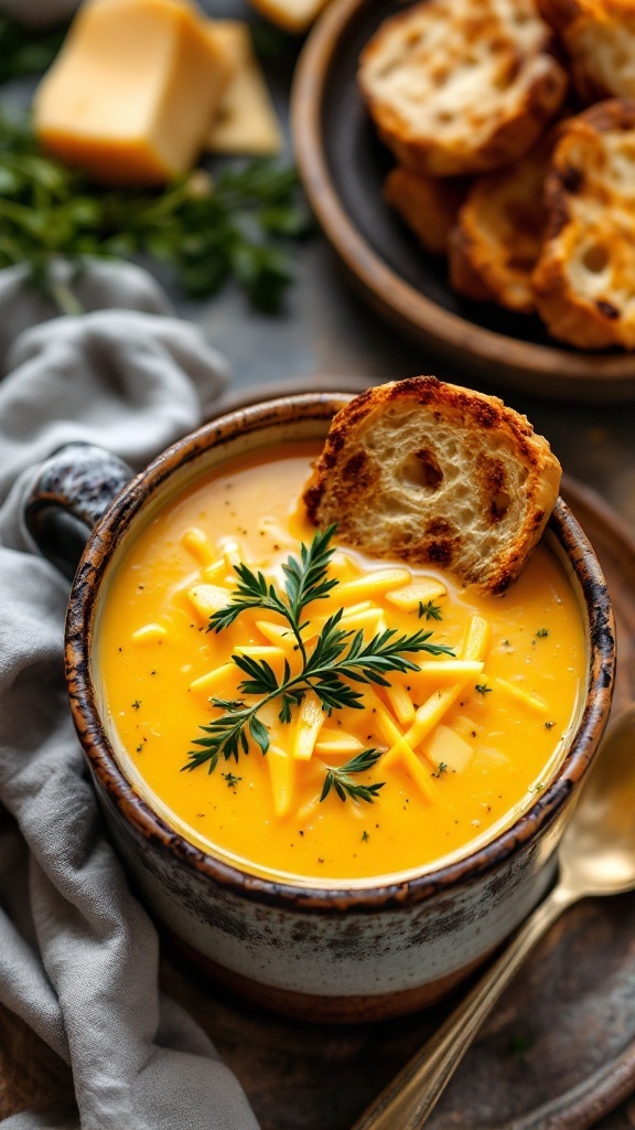 A bowl of cheddar and ale soup topped with cheese and herbs, accompanied by toasted bread.