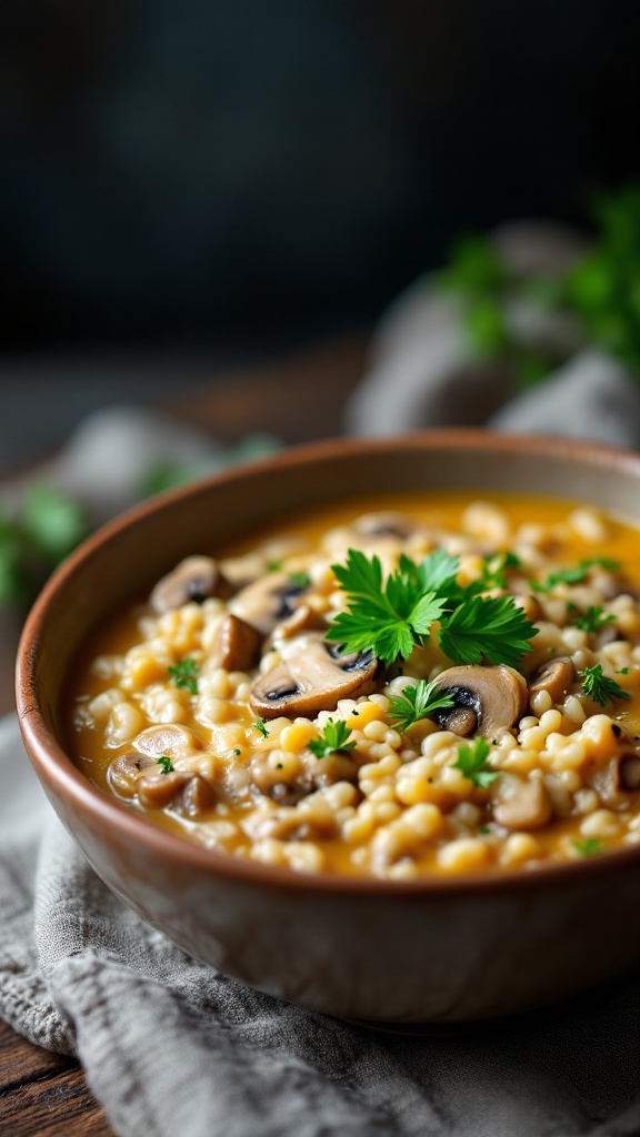 A bowl of cheesy mushroom risotto soup garnished with parsley.