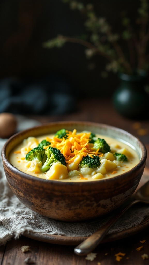 A bowl of cheesy potato soup topped with broccoli and shredded cheese.