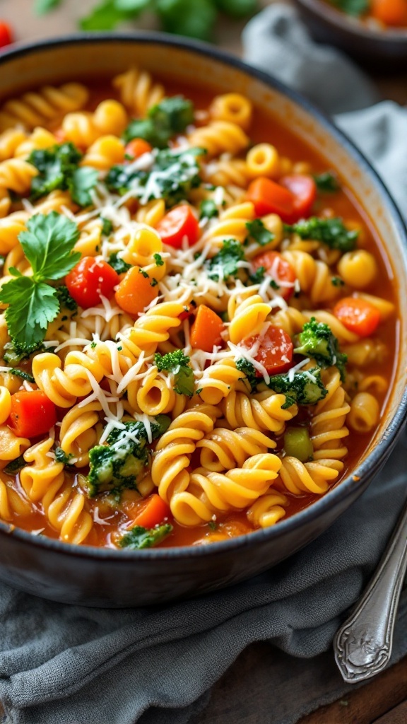 A bowl of cheesy vegetable minestrone soup with pasta, vegetables, and cheese.