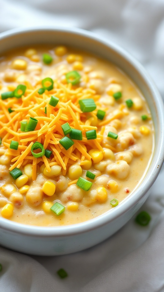 A bowl of cheesy white chili topped with shredded cheese and green onions.