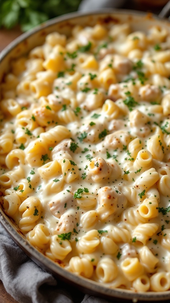 A creamy Chicken Alfredo Pasta Bake with pasta and chicken topped with parsley.