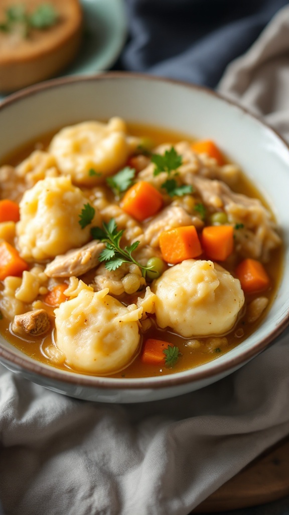 A bowl of chicken and dumplings with vegetables, garnished with fresh herbs.