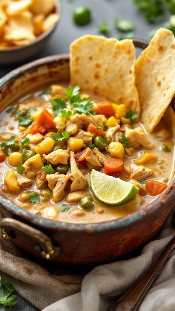 A bowl of chicken and green chili stew garnished with cilantro and served with bread.