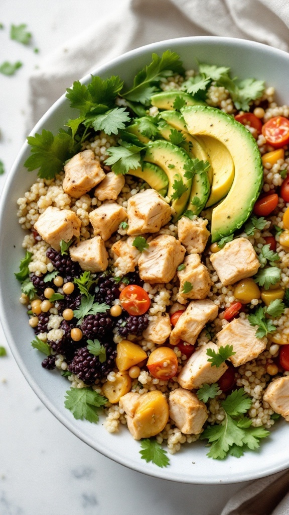 A delicious chicken and quinoa bowl with avocado and colorful vegetables.