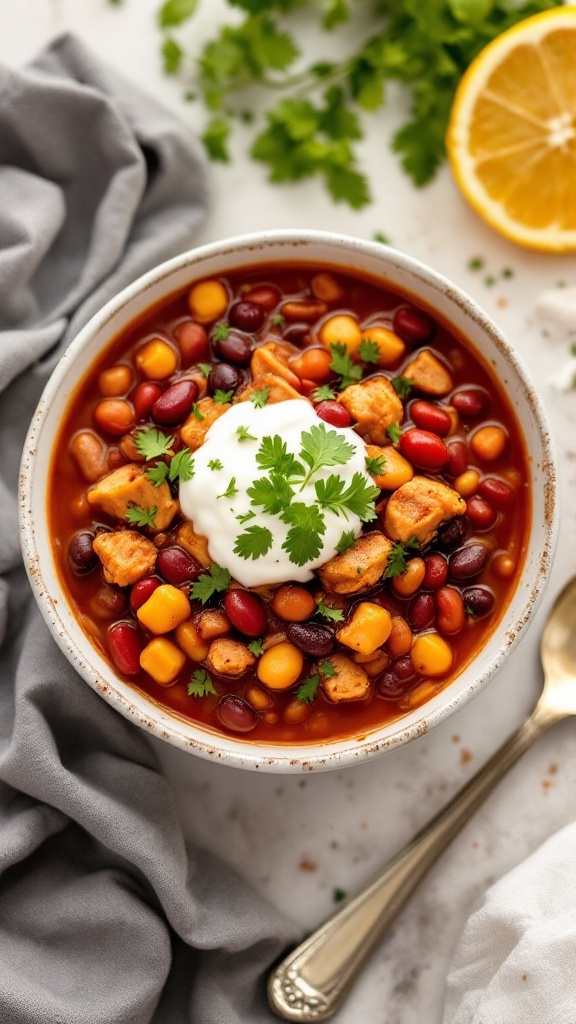 A bowl of chicken chili with beans, topped with sour cream and cilantro, next to a lemon slice.