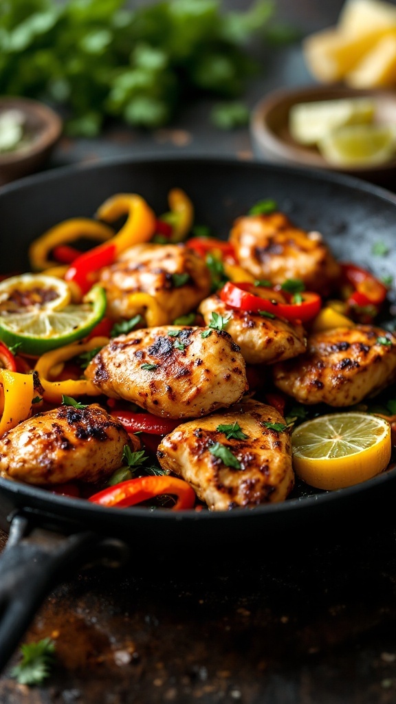 A skillet with grilled chicken and colorful bell peppers.