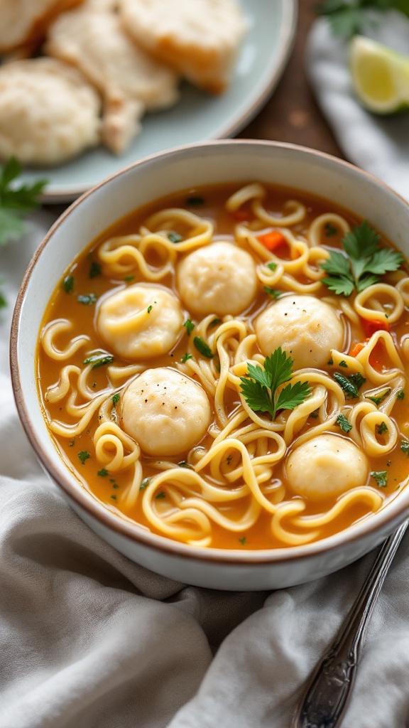 A bowl of chicken noodle soup with dumplings, showcasing noodles, dumplings, and herbs.