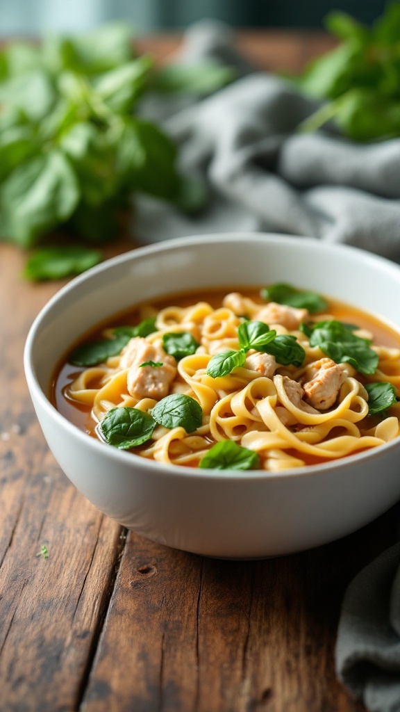 A bowl of chicken noodle soup with spinach and pasta on a wooden table