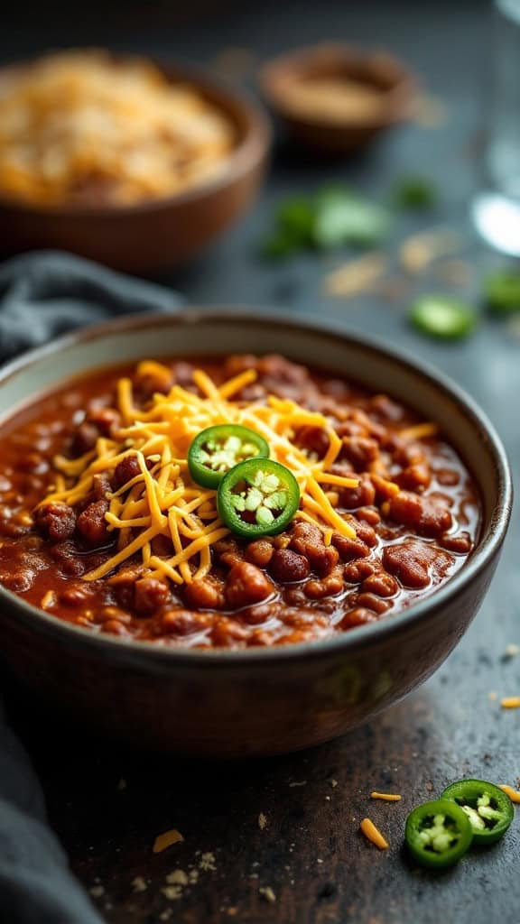 A bowl of chili con carne topped with cheese and jalapeños.