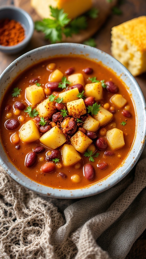 A bowl of chili potato soup with diced potatoes, beans, and garnished with herbs.