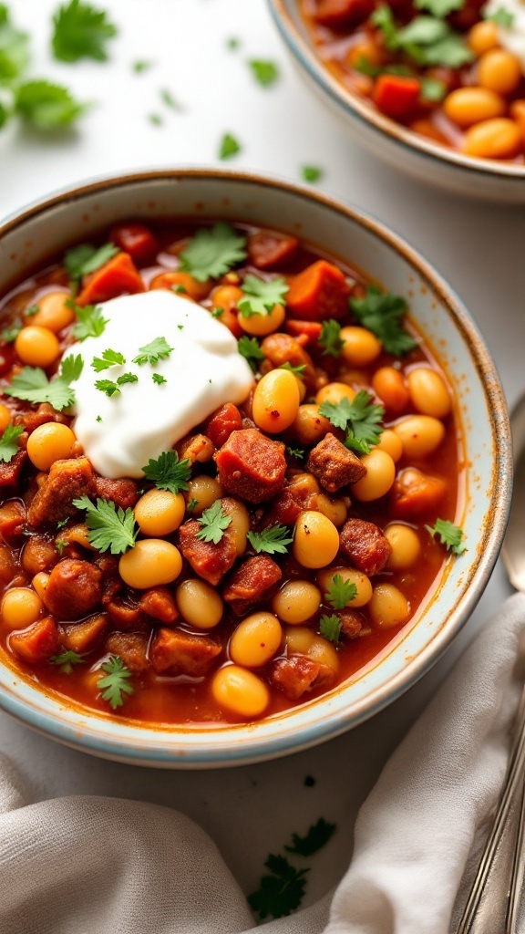 A bowl of chorizo and white bean chili topped with cilantro and sour cream.