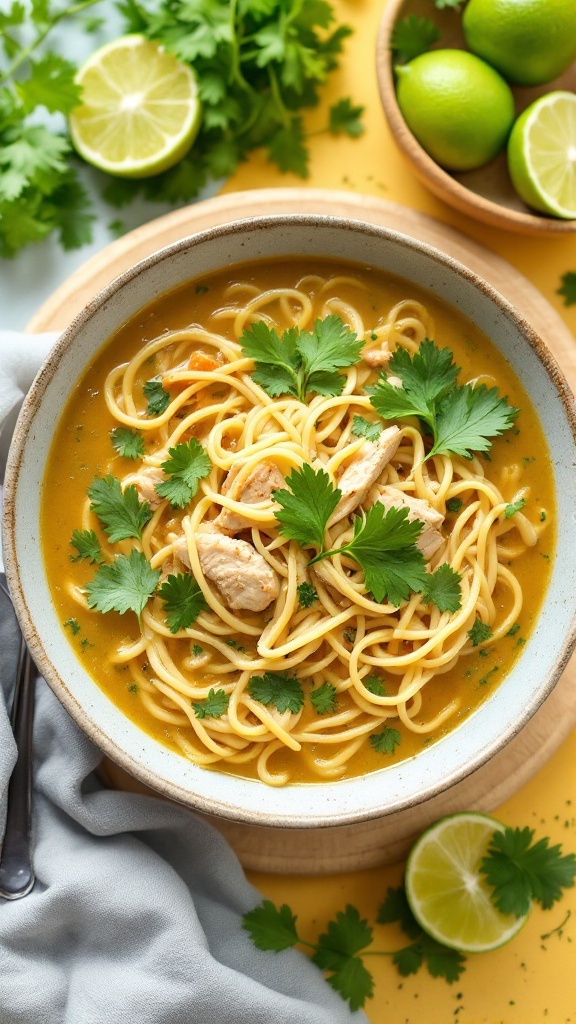 A bowl of cilantro lime chicken noodle soup garnished with cilantro and lime slices.