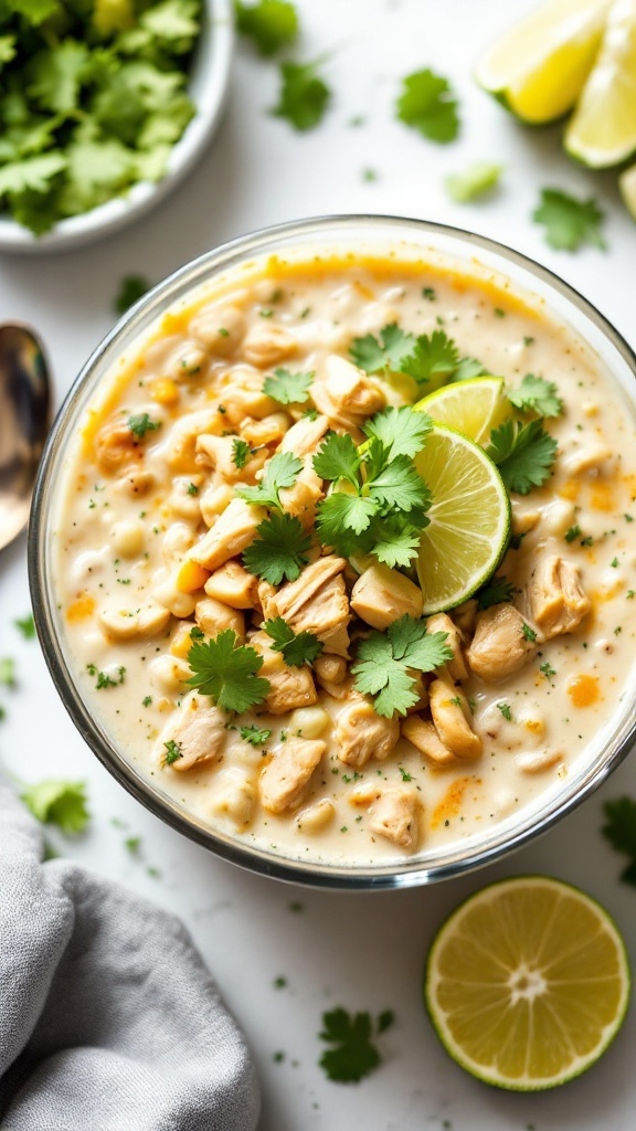 A bowl of cilantro lime chicken white chili topped with cilantro and lime slices.