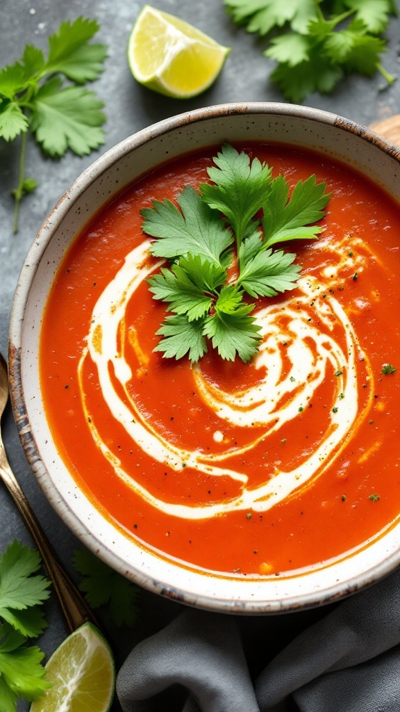 A bowl of cilantro lime tomato soup garnished with cilantro leaves and a swirl of cream.