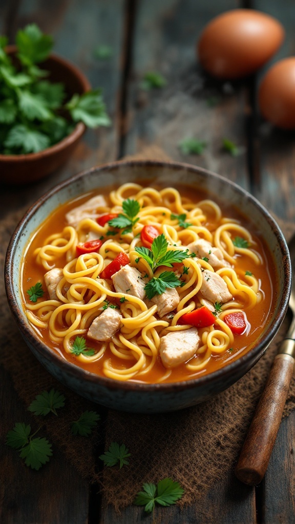 A bowl of classic chicken noodle soup with chicken pieces, noodles, and garnished with parsley on a wooden table.