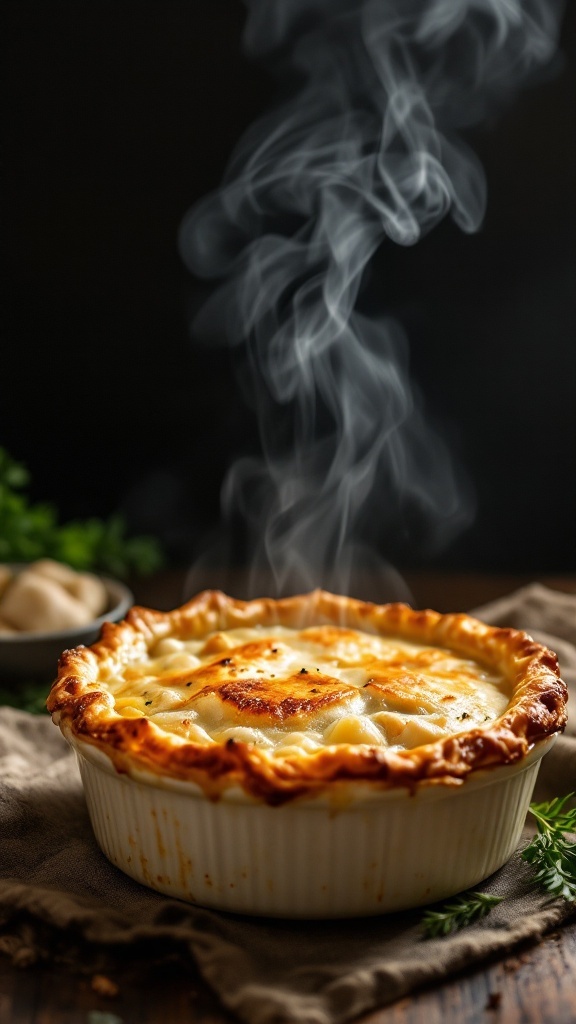 A steaming chicken pot pie in a white dish with a golden crust on a rustic table.