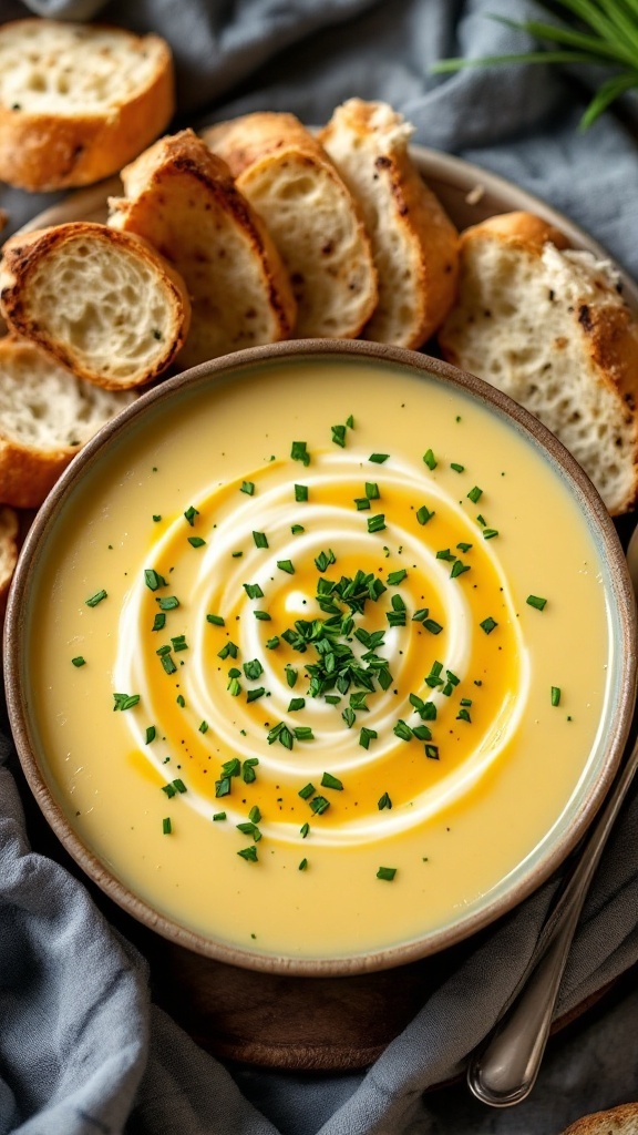 A bowl of creamy potato soup topped with chives and a swirl of cream, accompanied by slices of toasted bread.