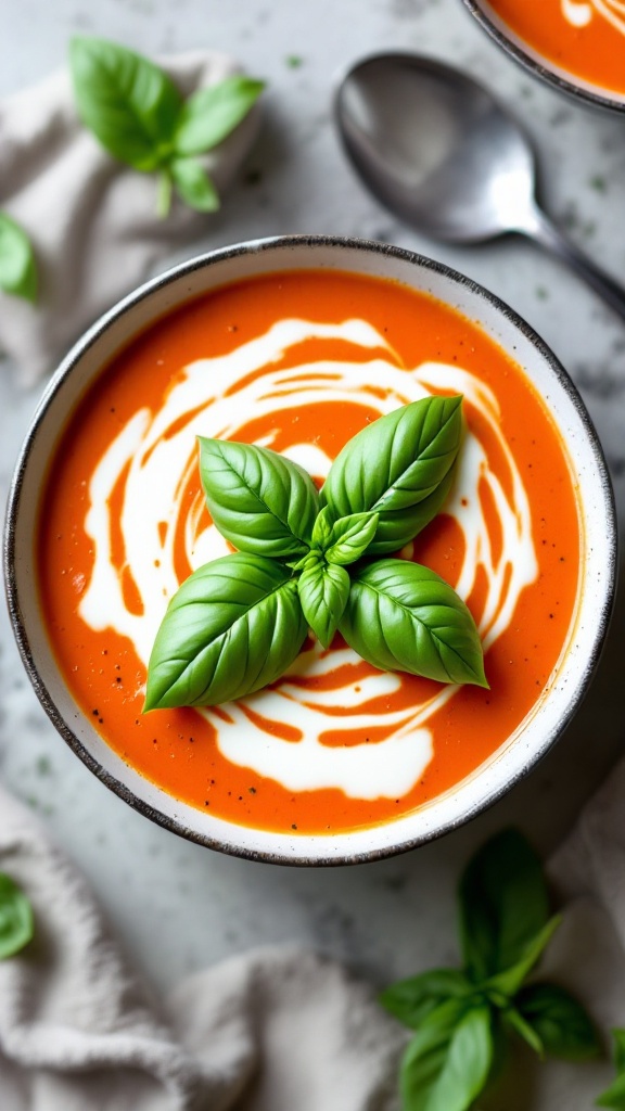 Bowl of creamy tomato basil soup garnished with fresh basil leaves.