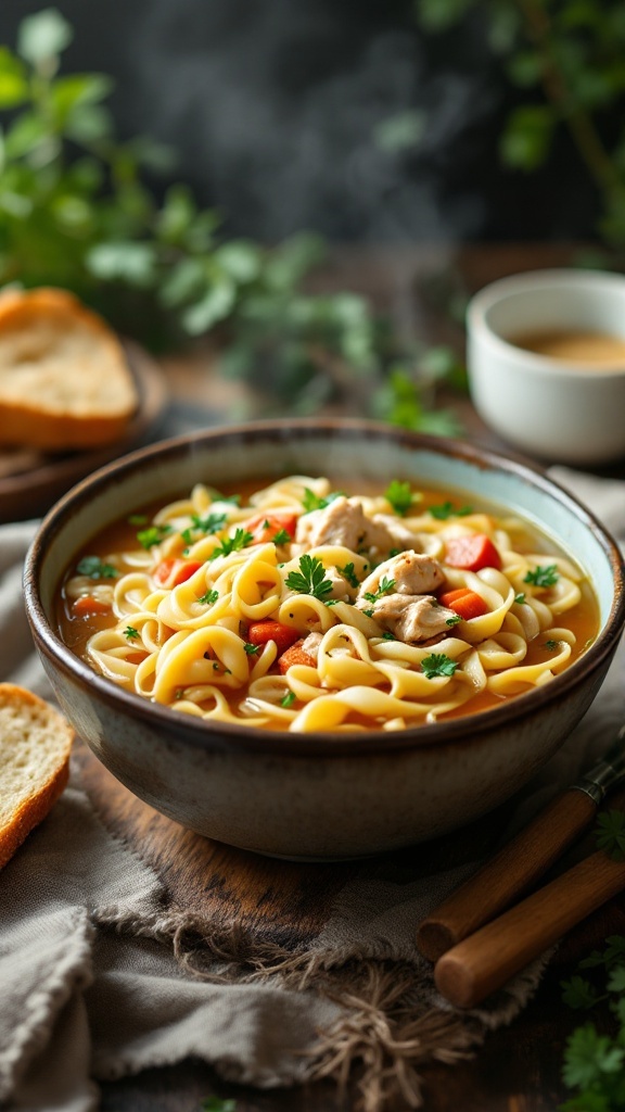 A bowl of classic homemade chicken noodle soup with chicken, noodles, and vegetables.