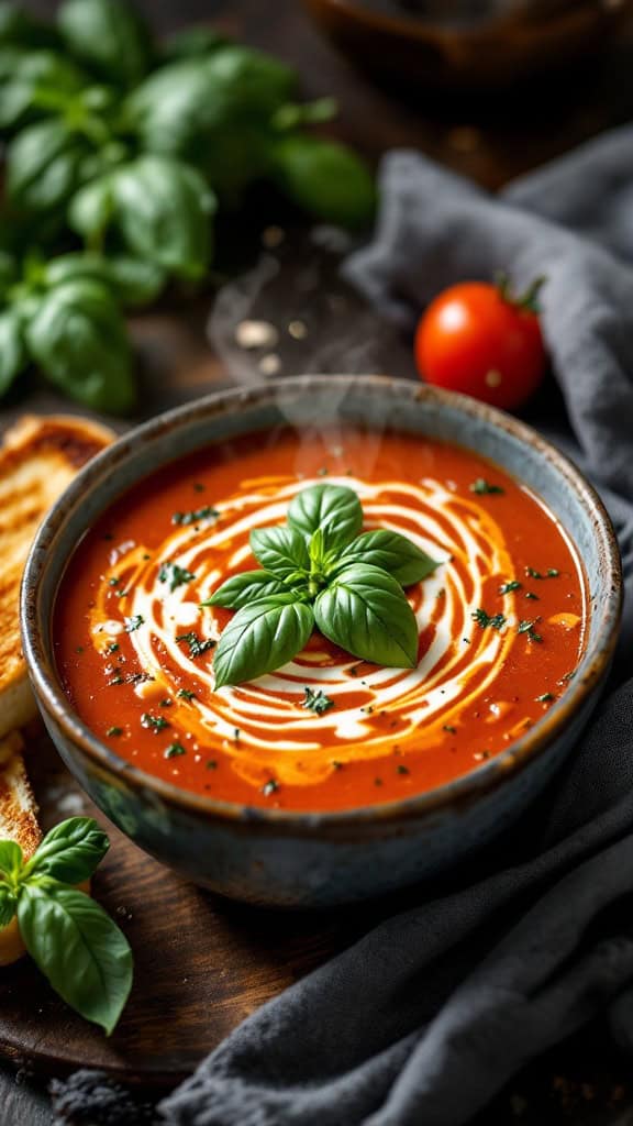 A bowl of tomato basil soup garnished with basil leaves, served with toasted bread on the side.