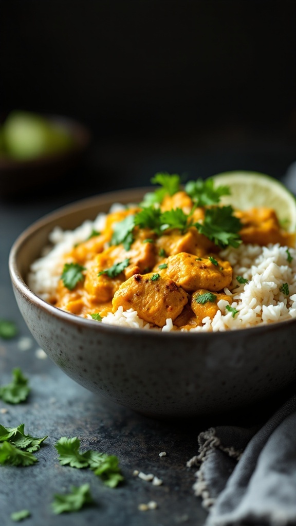 Bowl of coconut curry chicken served with rice and garnished with cilantro.