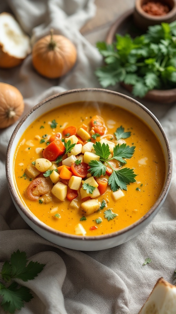 A bowl of coconut curry vegetable soup topped with fresh herbs and colorful vegetables.