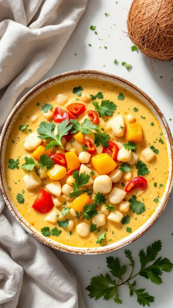 Bowl of coconut curry white chili topped with vegetables and cilantro