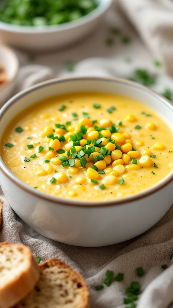 A bowl of corn and zucchini chowder topped with chopped green onions, accompanied by slices of bread.