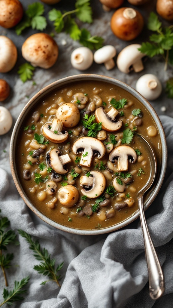 A bowl of cream of mushroom soup garnished with mushrooms and herbs