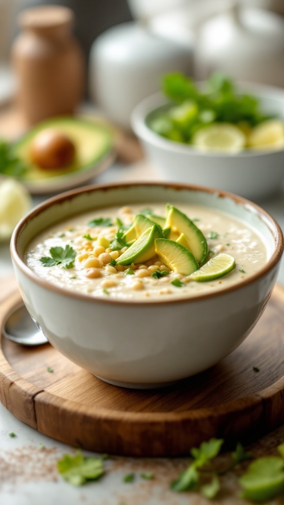 A bowl of creamy white chili topped with avocado slices and lime wedges, garnished with cilantro.