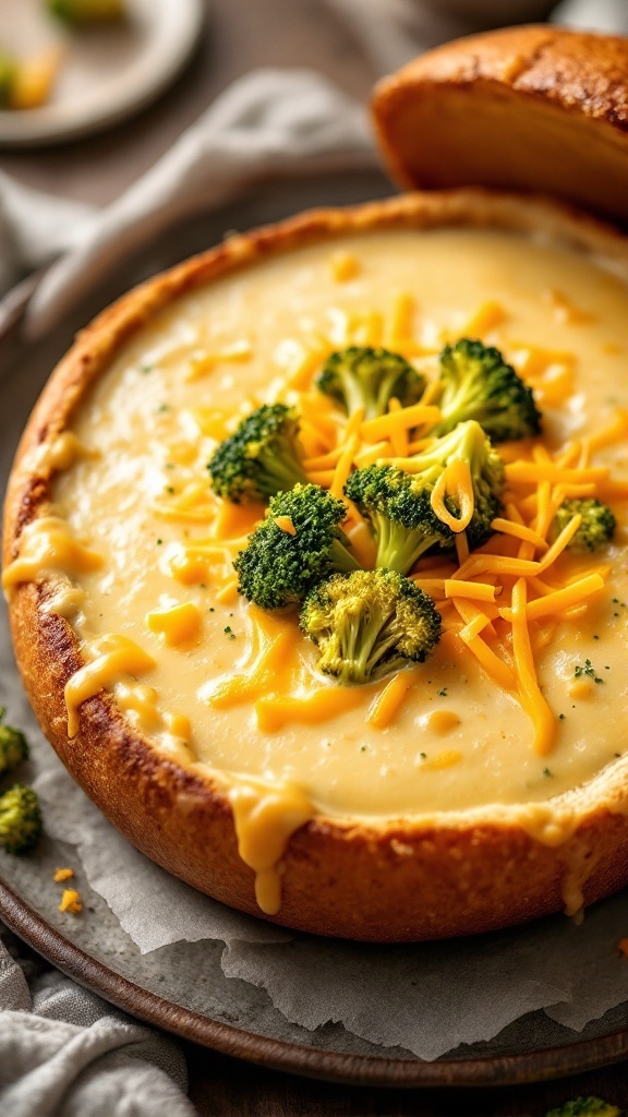 A bowl of creamy broccoli and cheddar soup topped with broccoli florets and shredded cheese.